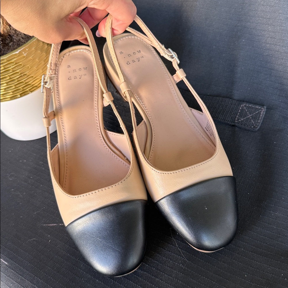 A New Day Tan and Black Slingback Flats